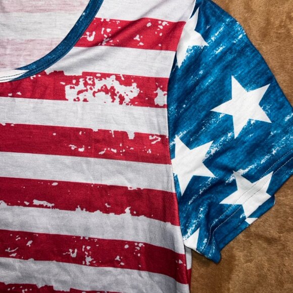 American Flag Women Large Crew Neck Print USA Star Stripe Short Sleeve Shirt (Q) - Picture 4 of 7